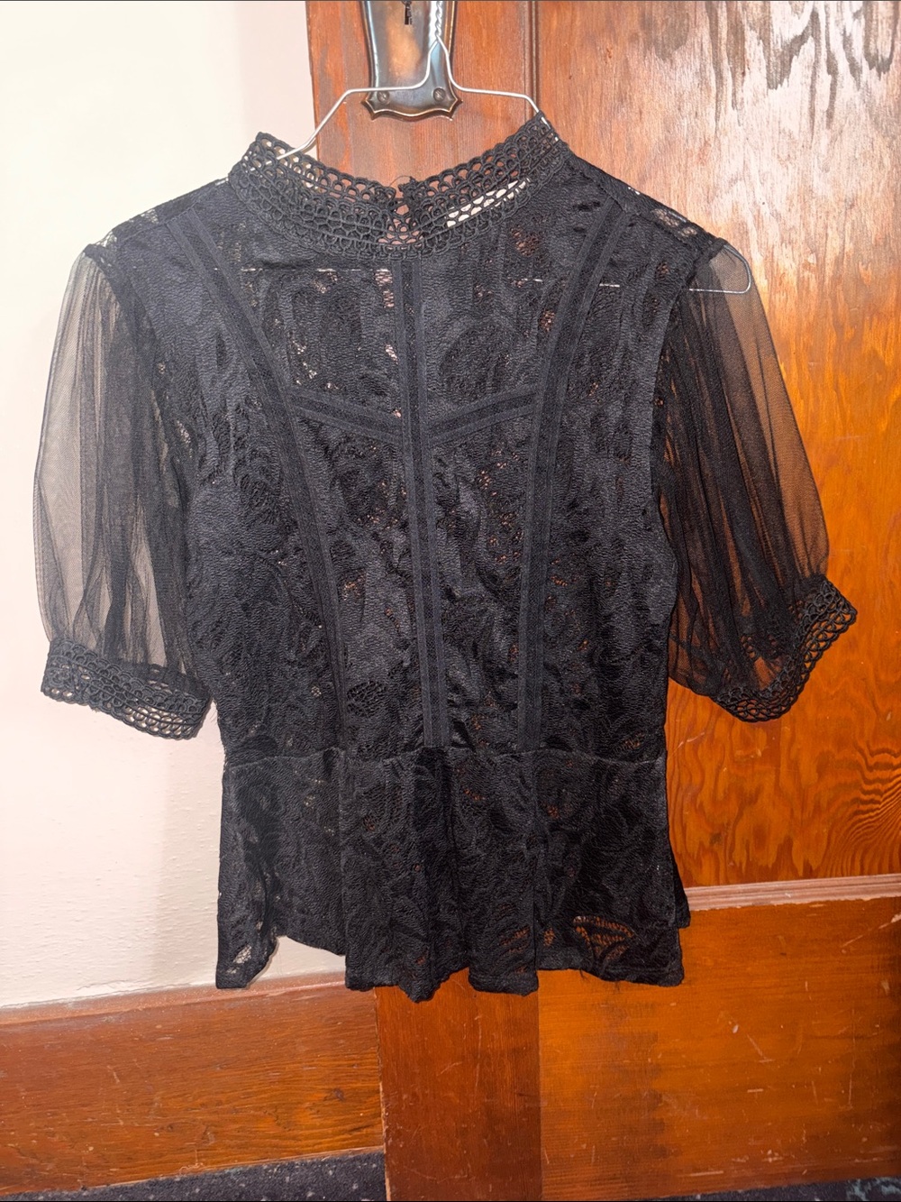 Black Lace Peplum Women's Top - Elegant High Neck